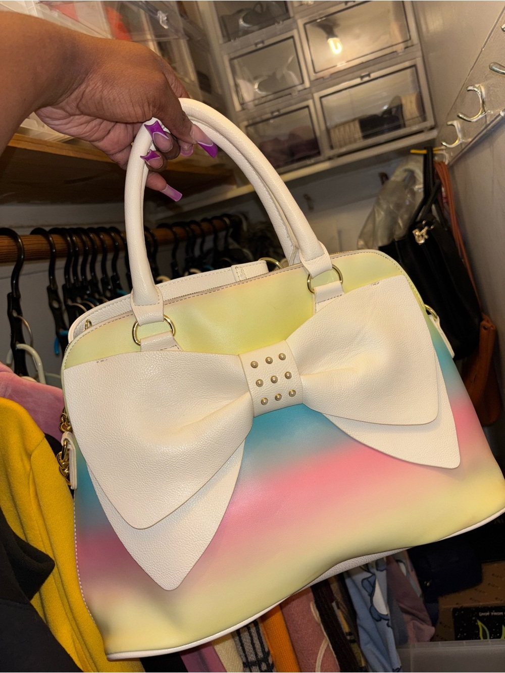 Betsey Johnson White Bow Pastel Gradient Satchel